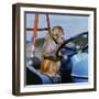 Johnny Rhesus Driving Tractor-null-Framed Photographic Print