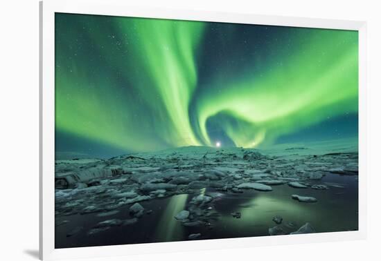 Jokulsarlon, East Iceland, Iceland. Northern lights over the glacier lagoon.-Marco Bottigelli-Framed Photographic Print