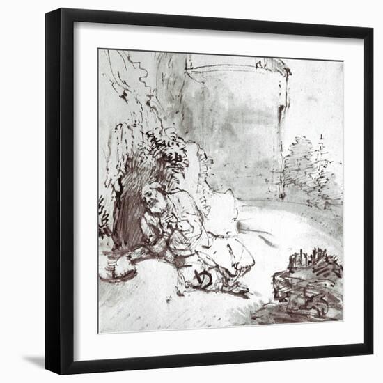 Jonah at the Walls of Niniveh, Mesopotamia, Pen and Brown Ink Drawing-Rembrandt van Rijn-Framed Giclee Print