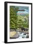 Jones Gap State Park, South Carolina - Creek and Bear Family-Lantern Press-Framed Art Print