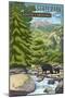 Jones Gap State Park, South Carolina - Creek and Bear Family-Lantern Press-Mounted Art Print