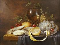 A Roemer, a Peeled Half Lemon on a Pewter Plate, Oysters, Cherries and an Orange on a Draped Table-Joris van Son-Stretched Canvas