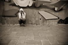 Suffering Young Woman on Urban Scenery. Hard Sepia Toned with Vignetting.-Jose AS Reyes-Photographic Print