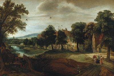 A Wooded River Landscape, with Village Buildings and Abraham and the Three Angels