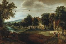 A Wooded River Landscape, with Village Buildings and Abraham and the Three Angels-Joseph Bail-Giclee Print