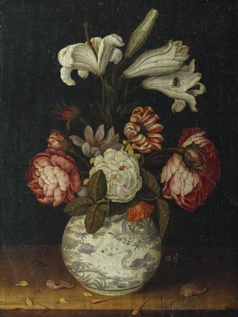 Lilies, Roses, a Marigold, and Other Flowers in a Blue and White Wan-Li Vase on a Ledge, 1656