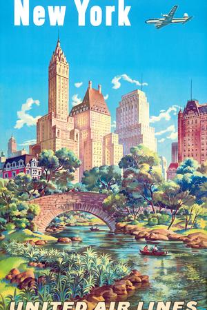 New York - Central Park - United Air Lines, Vintage Airline Travel