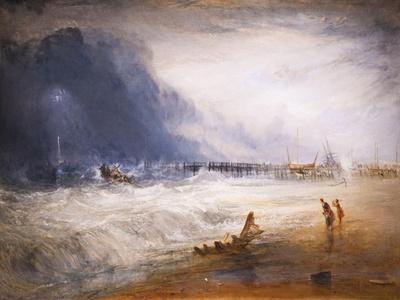 Life boat and manby apparatus going off to a stranded vessel, 19th century