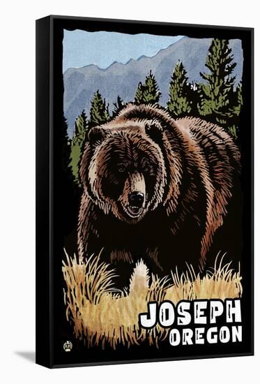 Joseph, Oregon - Grizzly Bear - Scratchboard-Lantern Press-Framed Stretched Canvas