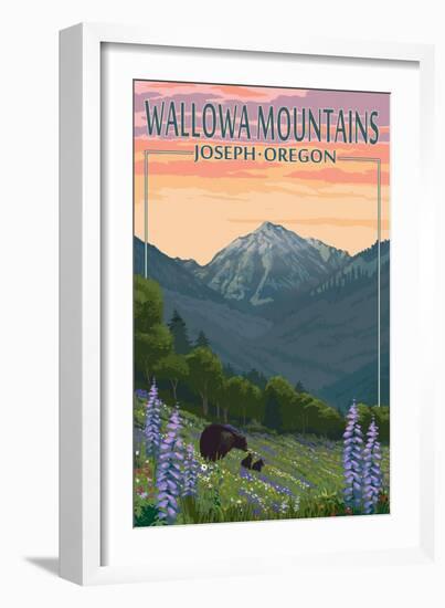 Joseph, Oregon - Wallowa Mountains - Bear and Spring Flowers-Lantern Press-Framed Art Print