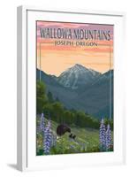 Joseph, Oregon - Wallowa Mountains - Bear and Spring Flowers-Lantern Press-Framed Art Print