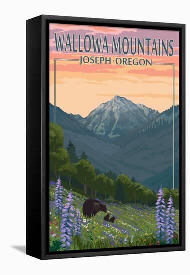 Joseph, Oregon - Wallowa Mountains - Bear and Spring Flowers-Lantern Press-Framed Stretched Canvas