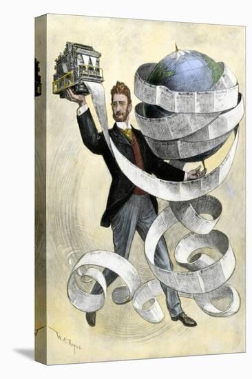 Joseph Pulitzer Holding a Press Printing the New York World Newspaper, 1901-null-Stretched Canvas