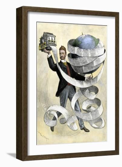 Joseph Pulitzer Holding a Press Printing the New York World Newspaper, 1901-null-Framed Giclee Print