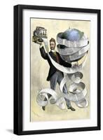 Joseph Pulitzer Holding a Press Printing the New York World Newspaper, 1901-null-Framed Giclee Print