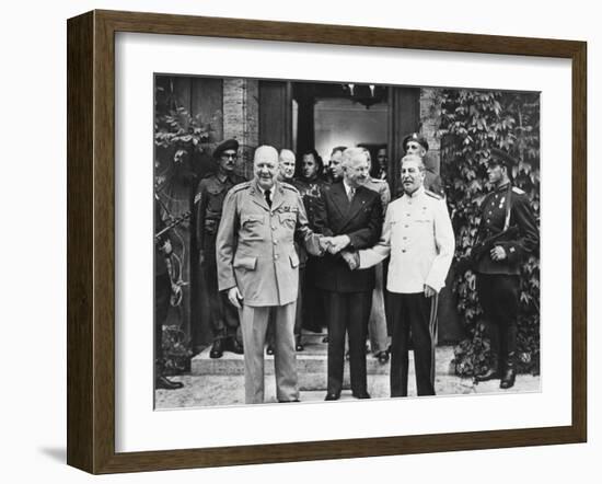 Joseph Stalin, Harry Truman, and Winston Churchill at the Potsdam Conference-null-Framed Photo