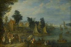 River Landscape with Boats by a Village and Figures on the Riverbank-Joseph van Bredael-Giclee Print