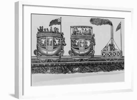 Joshua Shaw's Sketch of an Early Steam Locomotive Pulling Two Full Passenger Cars-null-Framed Giclee Print