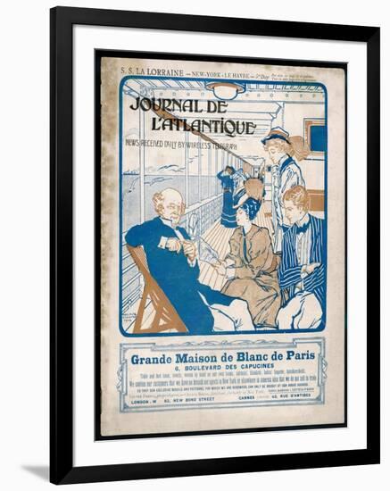 Journal De L'Atlantique, Ship's Newspaper for the 3rd Day of the Atlantic Crossing by La Lorraine-Adolphe Cossard-Framed Art Print