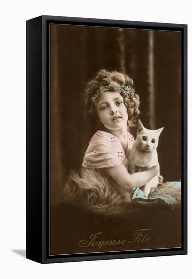 Joyeuse Fete, Girl with Cat-null-Framed Stretched Canvas