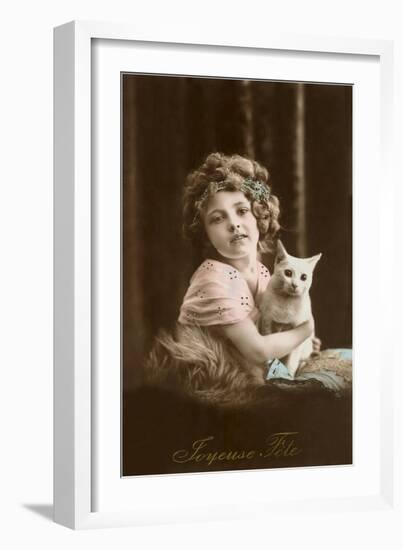 Joyeuse Fete, Girl with Cat-null-Framed Art Print