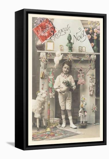 Joyeux Noel, Child by Fireplace-null-Framed Stretched Canvas
