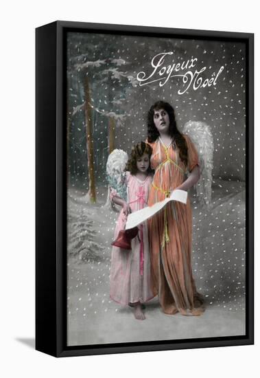 Joyeux Noel - Merry Christmas in French, Little Girl Carols with Angel-Lantern Press-Framed Stretched Canvas