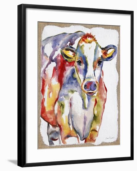 JP2488-Colorful Cow-Burlap-Jean Plout-Framed Giclee Print