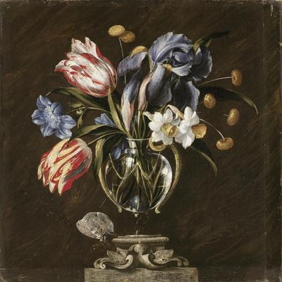 Tulips, Daffodils, Irises and Other Flowers in a Glass Vase on a Sculpted Stand, with a Butterfly