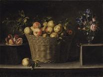 Apples in a Wicker Basket, an Pomegranate on a Silver Plate and Flowers in a Glass Vase-Juan de Zurbarán-Framed Giclee Print