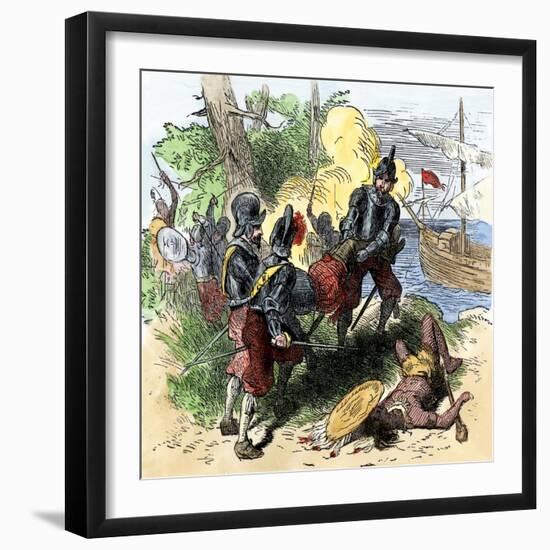 Juan Ponce de Leon, Wounded by Florida Natives, Carried Aboard Ship for Retreat to Cuba, c.1521-null-Framed Giclee Print