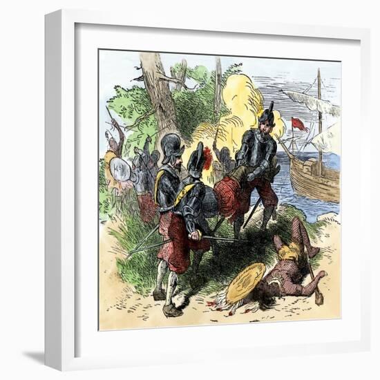 Juan Ponce de Leon, Wounded by Florida Natives, Carried Aboard Ship for Retreat to Cuba, c.1521-null-Framed Giclee Print