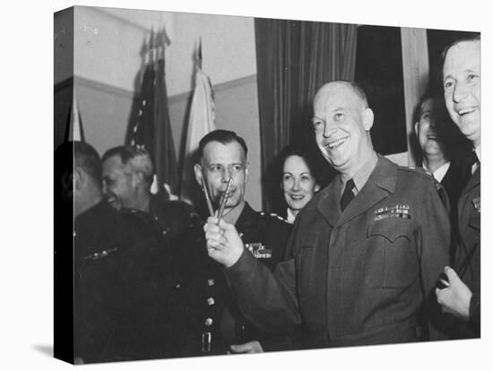 Jubilant Gen. Dwight Eisenhower Holding Pens in V for Victory-Ralph Morse-Stretched Canvas
