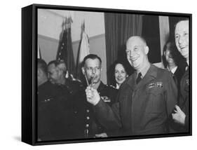 Jubilant Gen. Dwight Eisenhower Holding Pens in V for Victory-Ralph Morse-Framed Stretched Canvas
