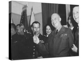 Jubilant Gen. Dwight Eisenhower Holding Pens in V for Victory-Ralph Morse-Stretched Canvas