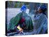 Jul'Hoan !Kung Bushman, Two Women Smoke around Fire in Village, Bushmanland, Namibia-Kim Walker-Stretched Canvas