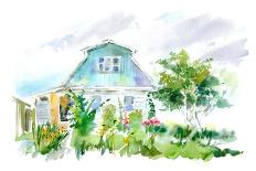 Country House, Apple Tree and Garden. Flower Garden Sketch.Watercolor Hand Drawn Illustration.White-Jula_Lily-Stretched Canvas