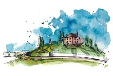 Watercolor Illustration of a Tuscany Hill. the Watercolor and Ink Drawings are Two Different Layers-Julia Henze-Laminated Premium Giclee Print