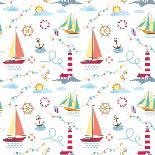 Seamless Marine Pattern with Ships, Lighthouse, Rope, Anchor, Clouds and Sun on Light Background. M-Julia_Kondakov-Stretched Canvas