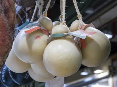 Italy, Florence. Mozzarella balls hanging in a shop in the Central Market, Mercato Centrale