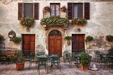 Italy, Radda in Chianti. Flower boxes with red geraniums below a window with shutters.-Julie Eggers-Photographic Print