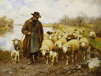 A Shepherd and Sheep by a Lake-Julius Hugo Bergmann-Stretched Canvas