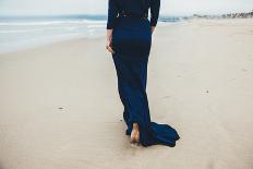 Woman in Gorgeous Blue Dress Walking on the Beach in Cloudy Weather; Back View-JuliyaKosynskaya-Photographic Print