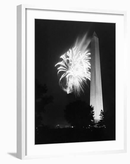 July 4, 1947: View of a Fireworks Display Behind the Washington Monument, Washington DC-William Sumits-Framed Photographic Print