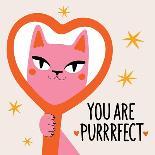 Vector Illustration with Pink Cat Looking in Red Heart Shaped Mirror. You are Purrrfect Lettering P-julymilks-Photographic Print