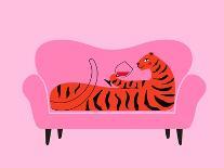 Vector Illustration with Tiger Lying on Sofa and Drinking Red Wine from Glass-julymilks-Photographic Print
