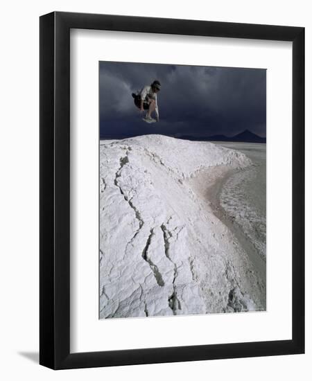 Jumping Above the Borax Deposits on Borders of Laguna Colorado, Bolivia, South America-Aaron McCoy-Framed Photographic Print