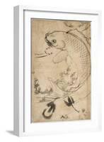 Jumping Carp Sumi Underdrawing on Paper-Yoshitoshi Tsukioka-Framed Giclee Print