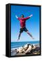 Jumping close to sea, Capalbio beach, province of Grosseto, Tuscany, Italy, Europe-Nico Tondini-Framed Stretched Canvas