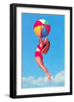 Jumping Woman with Beach Ball-null-Framed Art Print